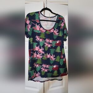 NEW LuLaRoe Santa Unicorn Forest Holiday Hi-Low Short Sleeve Shirt Womens Size L